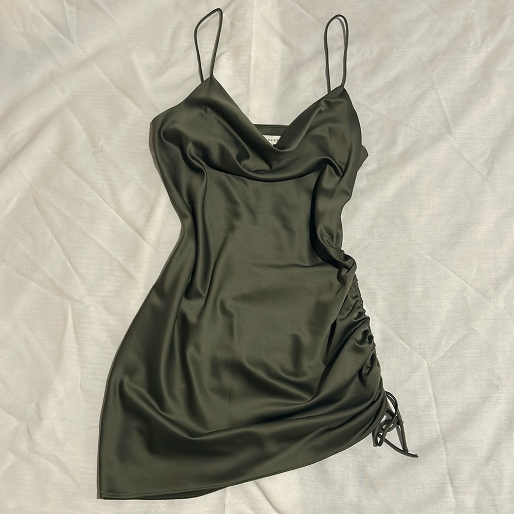 Topshop Cowl Neck Green Satin Asymmetrical Mini Dress